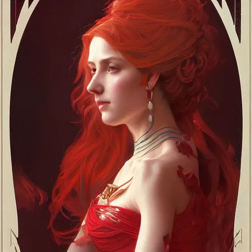 Image similar to portrait of red queen, intricate, elegant, highly detailed, digital painting, artstation, concept art, smooth, sharp focus, illustration, art by artgerm and greg rutkowski and alphonse mucha and william - adolphe bouguereau