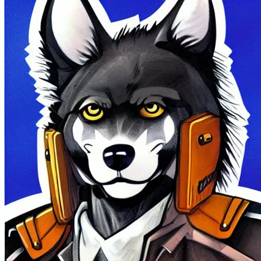Image similar to beautiful professional art of a portrait an anthropomorphic black male wolf anthro furry fursona, in a 1 9 8 0 s style space mercenary uniform, heroic, art by jack kirby