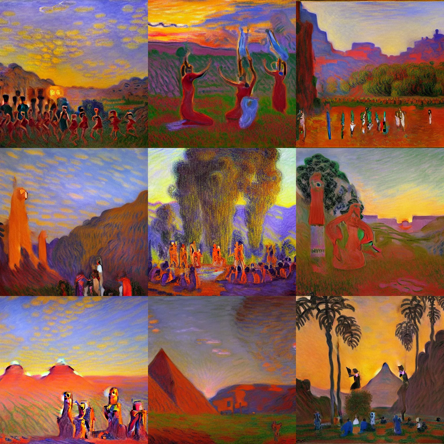 Prompt: art Egyptian gods involved in a ritual sacrifice in front a gorgeous valley at golden hour, a painting by Claude Monet, oil on canvas, trending on artstation
