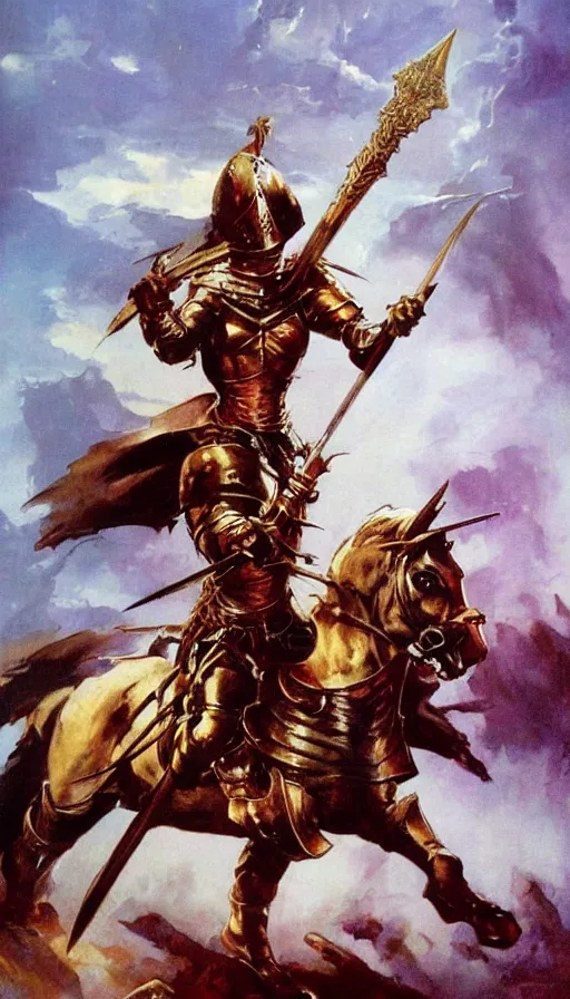 Prompt: fantasy painting by Frank Frazetta portraying a female knight in armor,wielding a sword,high quality,portrait en buste,beautiful,detailed