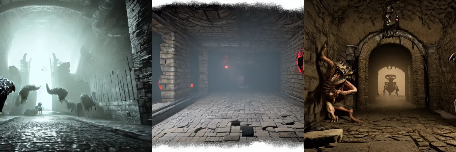 Prompt: a mob of monsters lurking out of a dungeon entrance, 4k, unreal engine, scary, intense