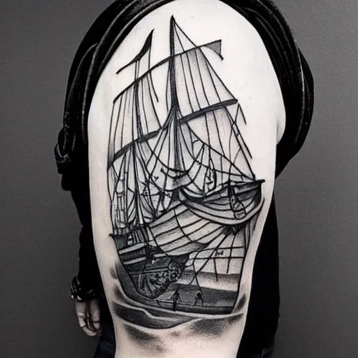 Image similar to a pirate ship sailing in the sea, realism tattoo design, amazing shades, clean white paper background, by Matteo Pasqualin tattoo artist