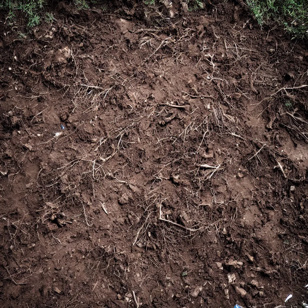 Prompt: a high camera topdown picture of nightmare horror dirt with trash, bricks, giant thick tree roots and many muddy dark faces rising from the ground. dark.