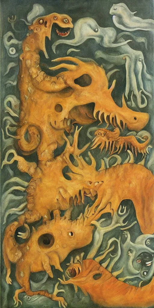 Image similar to the ferocious beast known as the Tarasque, 8k, surreal oil painting by Leonora Carrington