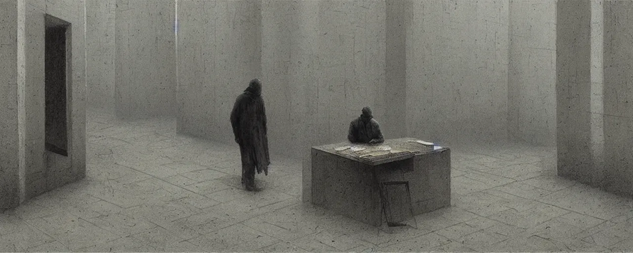 Image similar to lonely man working in a cubical in the middle of an empty city square in a dystopian future, depair, dystopian, by rutkowsky and zdizislaw beksinski