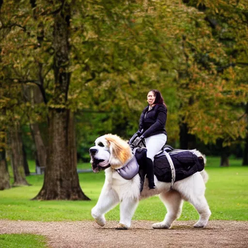 Image similar to a photograph of a woman riding a giant saint Bernard in the park,