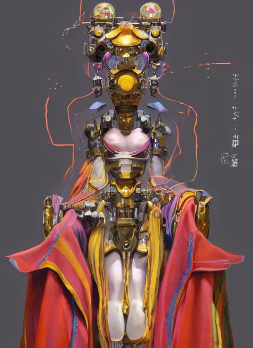 Image similar to an anthropomorphic beautiful mecha female wizard portrait holding a staff wearing colourful robe, fine art, award winning, intricate, elegant, sharp focus, octane render, hyperrealistic, cinematic lighting, highly detailed, digital painting, 8 k concept art, art by jamie hewlett and z. w. gu, masterpiece, trending on artstation, 8 k