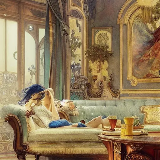 Image similar to a beautifull intricate watercolour painting of a living room, reflexions, verry high details by william turner art, greg rutkowski and alphonse mucha, trending on artstation, very very detailed, masterpiece, muted colors