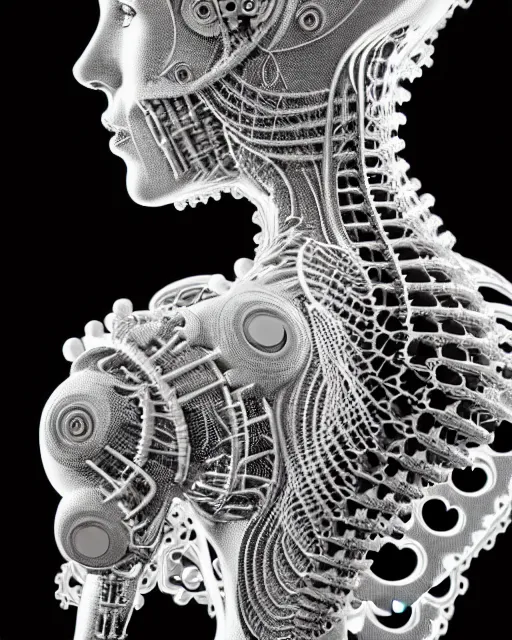 Image similar to surreal black and white photo portrait of complex biomechanical young female cyborg with a mandelbrot fractal metal lace face, silver hair, 150 mm lens, soft rim light, fine metal foliage super big lace collar, Alexander McQueen, high fashion, haute couture, rococo, steampunk, silver filigree details, anatomical, facial muscles, cable wires, microchip, elegant, hyper realistic, octane render, unreal engine, by Man Ray and Dora Maar, volumetric lighting, 8k,