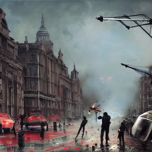 Image similar to war of the worlds, martian tripods attack london, dital painting, very detailed, art by jakub rozalski