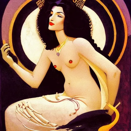 Image similar to an illustration of an ivory skin with dark curly hair queen on a throne, by nicholas roerich, by frank frazetta by georgia o keeffe by frederick william elwell, by hans emmenegger, by eyvind earle highly detailed, realistic, outline, line work, fantasy, oriental, stylised flat colors, animation