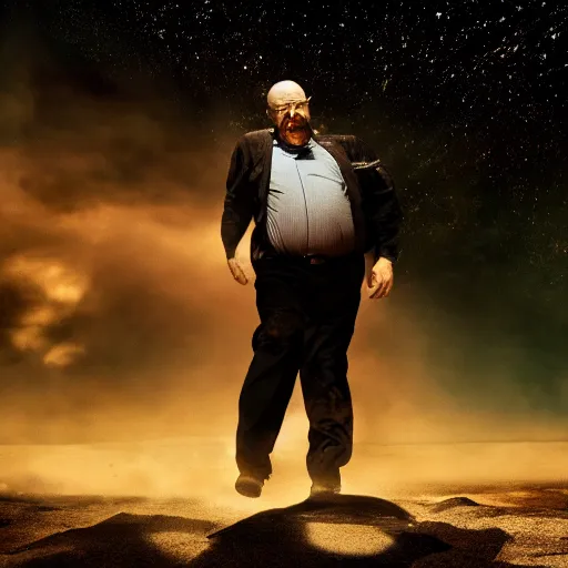Prompt: morbidly obese walter white falling down a flight of stars in breaking bad 4 k, epic, cinematic, focus, movie still, fantasy, serious, extreme detail, atmospheric, dark colour, sharp focus