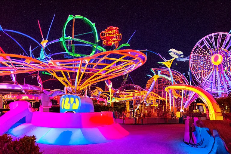 Prompt: retrofuturistic theme park, night glow
