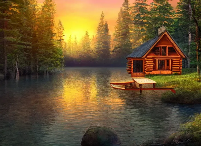 Prompt: a cabin in a forest by a lake with a sunset, realistic, digital painting, artstation