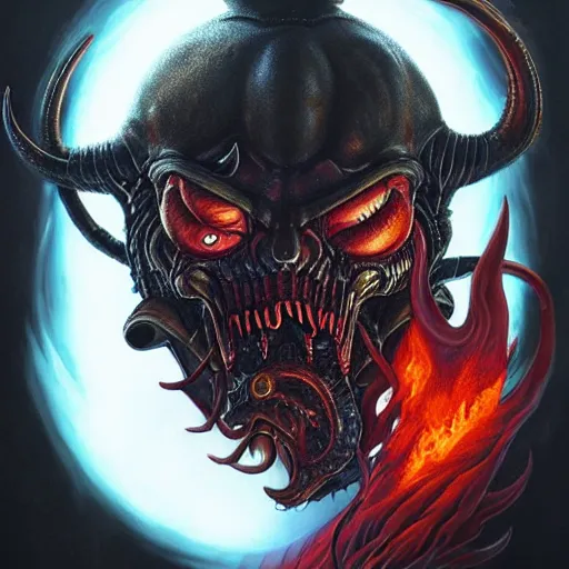 Prompt: giger doom demon portrait of satan, fire and flame, Pixar style, by Tristan Eaton Stanley Artgerm and Tom Bagshaw.