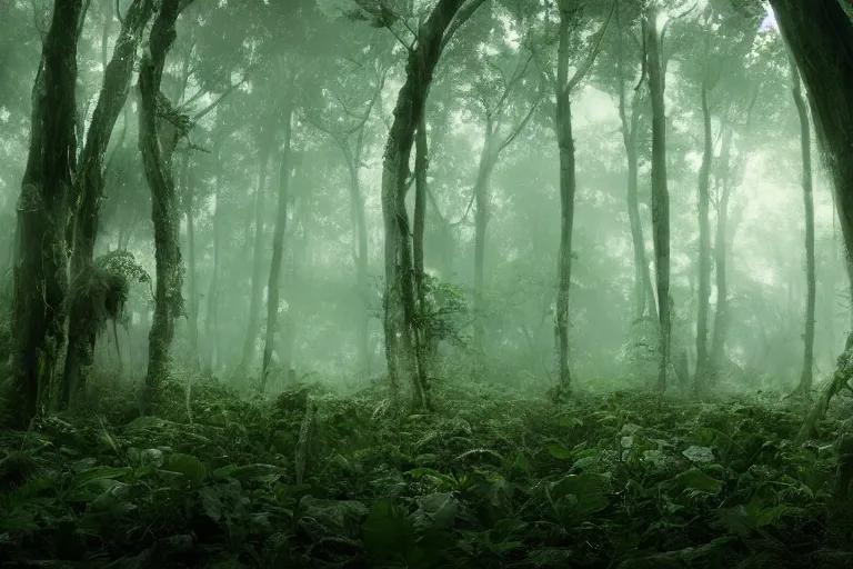 Image similar to a complex organic fractal 3 d ceramic sphere floating in a lush forest, foggy, cinematic shot, photo still from movie by denis villeneuve