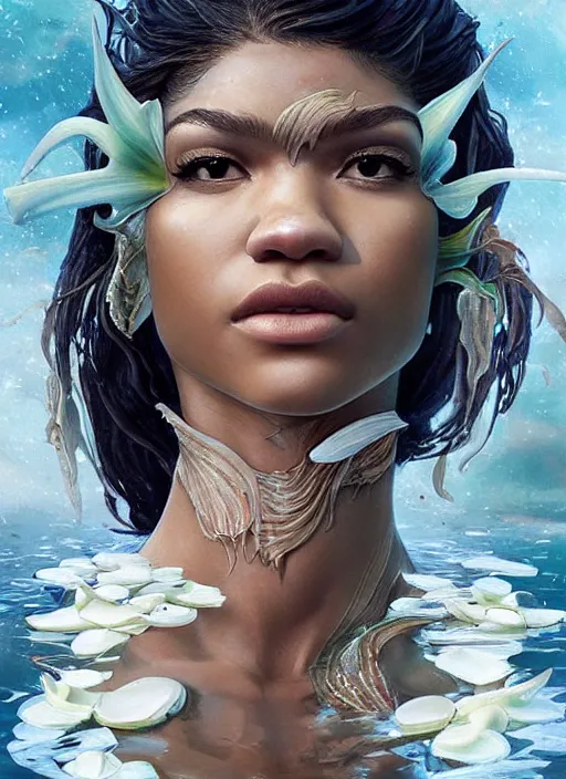 Prompt: dramatic upper body portrait of Zendaya as a dark-skinned mermaid by Ruan Jia and Mandy Jurgens and Artgerm and william-adolphe bouguerea, underwater, white lilies, shells, mirror, marvel comics, intricate, highly detailed, smooth, artstation, digital illustration by julie bell and Ruan Jia and Mandy Jurgens and Artgerm and William Adolphe Bouguereau and John Collier and Greg Rutkowski and Frank Frazetta