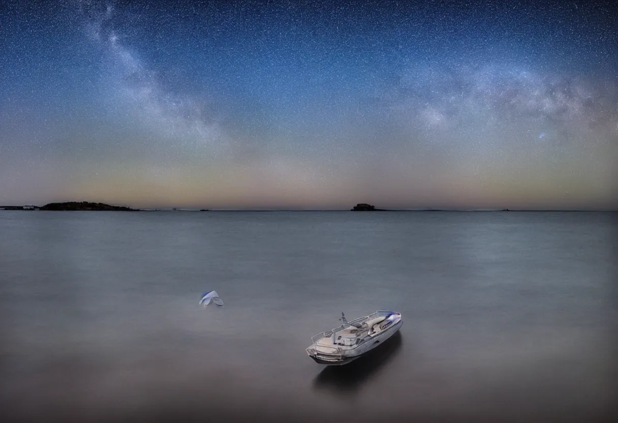 Prompt: peaceful sea at night full of stars milky way visible clear waters lonely yatch at distance blue tones sharp focus hdr