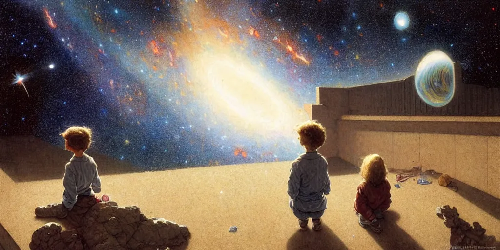 Prompt: a 5 year old boy and 1 2 year old girl looking at a wall and viewing the universe full of galaxies, imagination, part by norman rockwell, part by greg rutkowski, part by mattias adolfsson, high angle, ( ( ( ( volumetric lighting ) ) ) ), oil on canvas