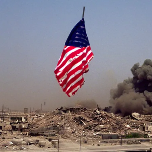 Image similar to iraq in 2 0 0 3 being destroyed by rockets, american flag somewhere »