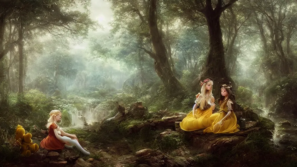 Image similar to elven princess sitting with a giant winnie the pooh in the melancholy forest. andreas achenbach, artgerm, mikko lagerstedt, zack snyder, tokujin yoshioka