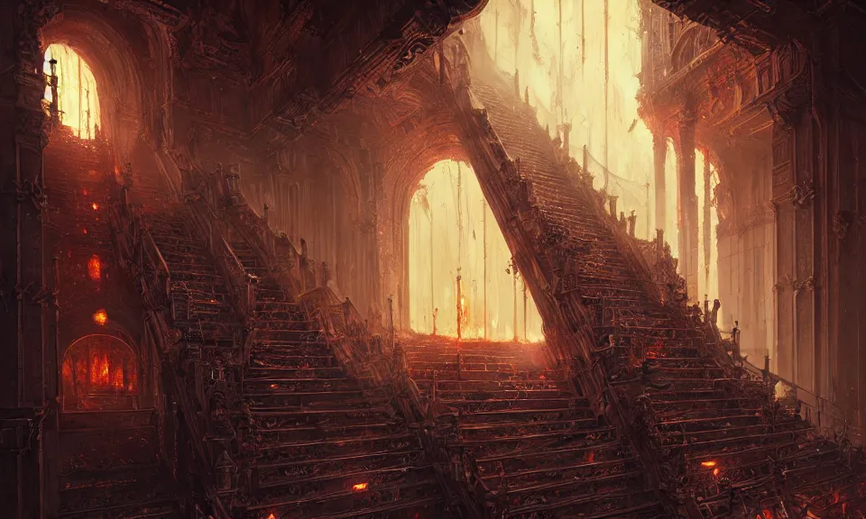 Prompt: stairs from hell to heaven, flames, heavens, beautiful, intricate detail, intricate, epic, vast, digital painting by greg rutkowski, artstation, very detailed, cinematic lighting, concept art