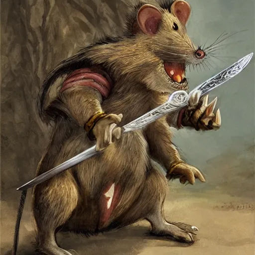 Prompt: antropomorphic rat character buying a sword made out of bone from a trader rat, fantasy art