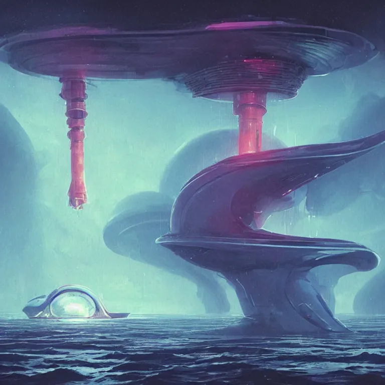 Image similar to mechanical nautilus spaceship dripping wet rising from a the ocean, sci - fi concept art, by john harris, by simon stalenhag, stunning, award winning