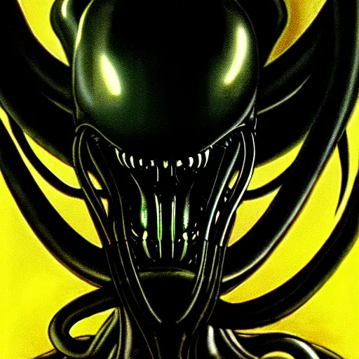 Image similar to black glossy xenomorph, alien movie, endless empty office building, pale yellow wallpaper, moist brown carpet, dim fluorescent lighting, artstation, ultra detailed, creepy, dramatic lighting, photorealistic, art by h. r. giger