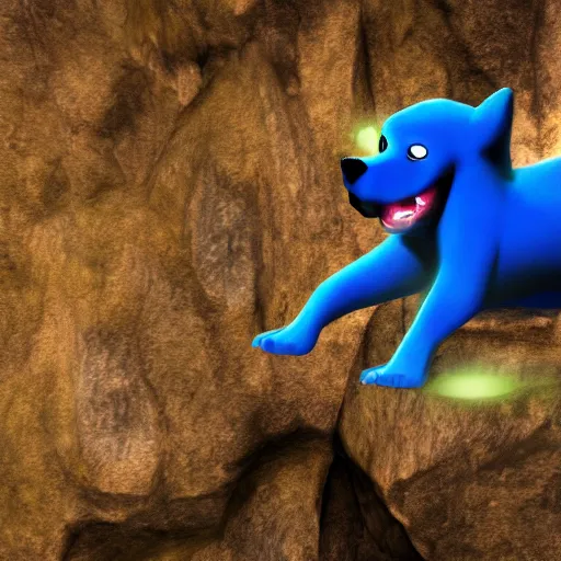 Prompt: a realistic blue dog superhero with water powers and glowing eyes, on a cliff