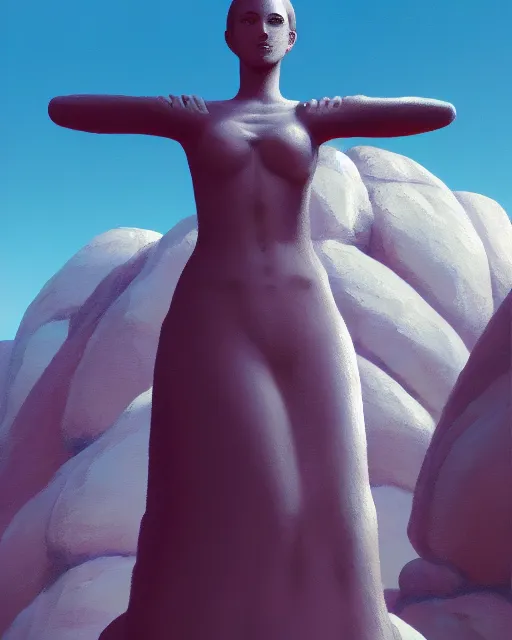 Image similar to a painting of a real woman standing in front of a huge stone statue, a screenshot by stanley twardowicz, cgsociety, aestheticism, aesthetic, vaporwave, anime aesthetic