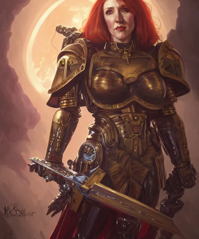 Prompt: Angela Rayner as a Warhammer 40k Battle Sister, portrait, fantasy, intricate, elegant, highly detailed, digital painting, artstation, concept art, smooth, sharp focus, illustration, art by artgerm and greg rutkowski and alphonse mucha