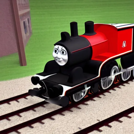 Prompt: photo realistic black and red thomas the tank engine with a white face going fast