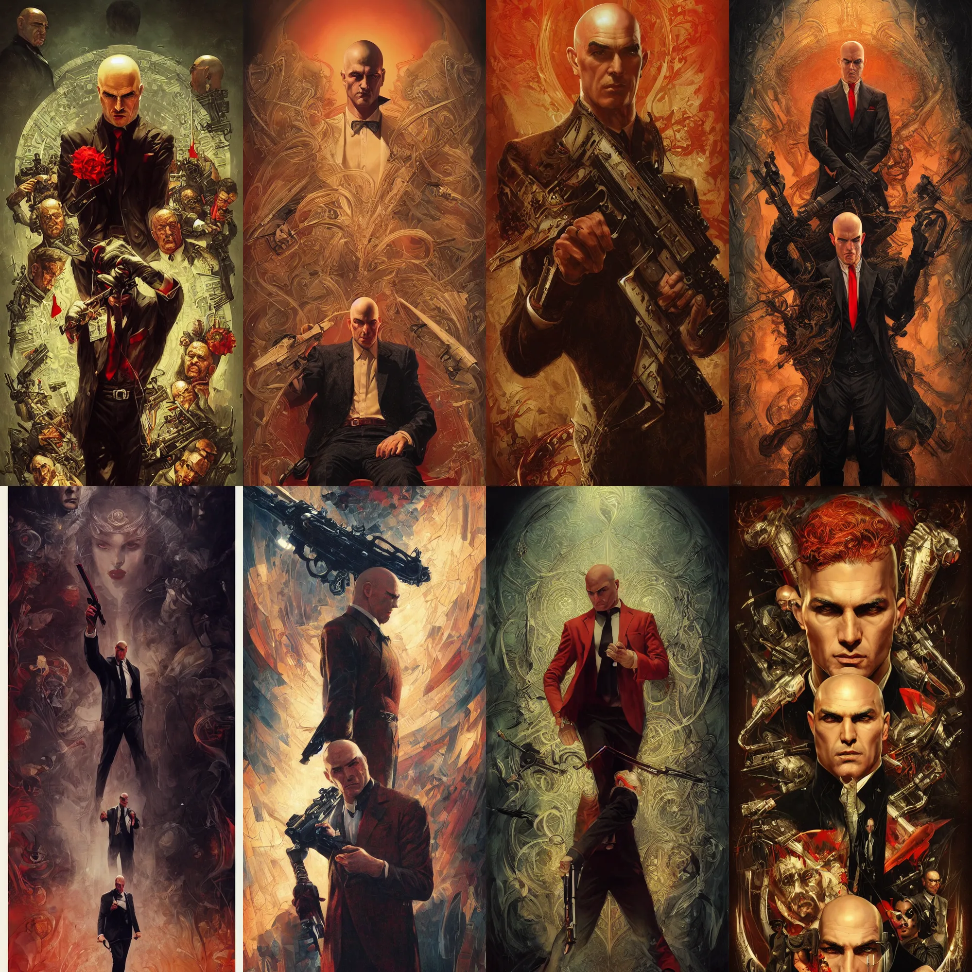 Prompt: vintage hitman poster by karol bak, james jean, tom bagshaw, rococo, sharp focus, trending on artstation, cinematic lighting, hyper realism, octane render, 8 k, hyper detailed.