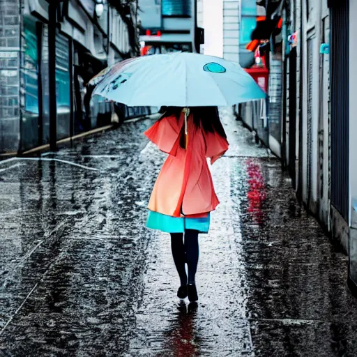 Image similar to hatsune miku walking down a rainy street, ef 8 5 mm f 1. usm