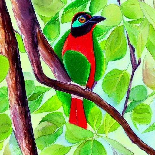 Prompt: A realistic painting of a Collared Trogon in a wild avocado tree, watercolour, pastel colours