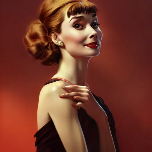 Image similar to Audrey Hepburn of NGE dark fantasy, medium shot, intricate, elegant, highly detailed, digital painting, volumetric light, artstation, concept art, smooth, sharp focus, illustration, art by Gil Elvgren and Greg Rutkowski and Alphonse Mucha, 8K