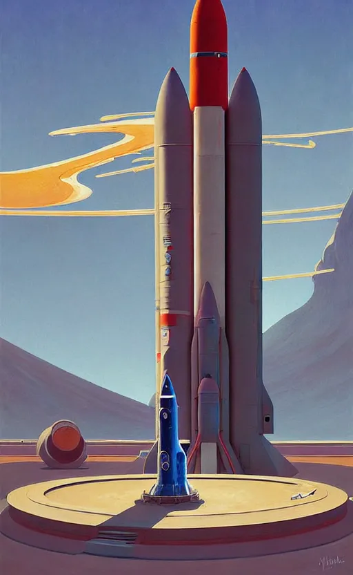 Image similar to Space rocket lunching station ,very coherent, painted by Edward Hopper, Wayne Barlowe, painted by James Gilleard, airbrush, art by JamesJean