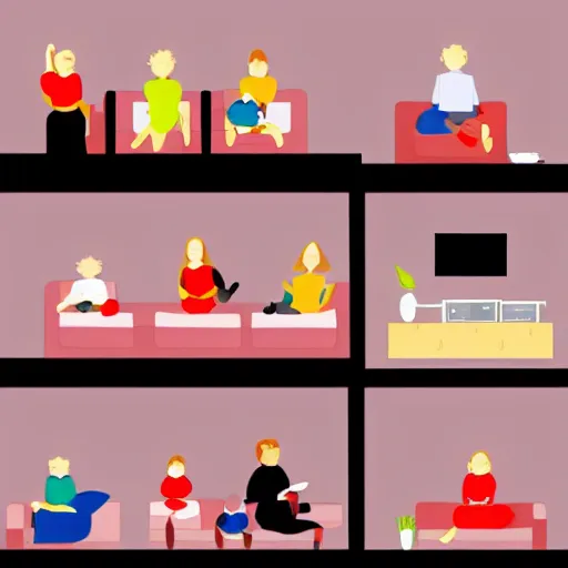 Image similar to simplified very stylistic modern vector drawings a family watching tv, flat colors, modern - art - vector, adobe illustrator