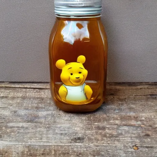 Image similar to a jar - sized winnie the pooh head = a jar of honey, surreal, realism