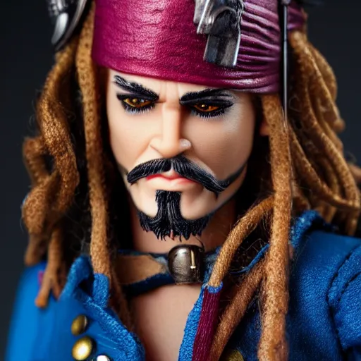 Image similar to Captain Jack Sparrow as a male barbie doll, Mattel, studio product photography, professional, detailed, f/8.0