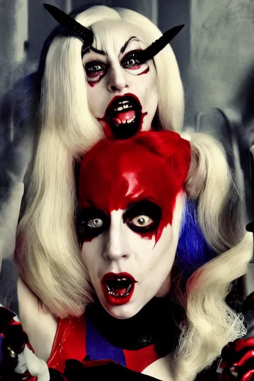 Prompt: film still of Lady Gaga as Harley Quinn in American Horror Story, 4k