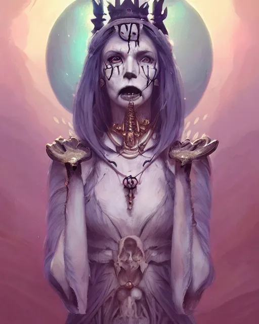 Prompt: illustrated tarot card portrait of a bone queen, bone crown, skull earings, bone dress, stephen bliss, unreal engine, by greg rutkowski, loish, rhads, makoto shinkai and lois van baarle, ilya kuvshinov, rossdraws, global illumination, radiant light, detailed and intricate environment