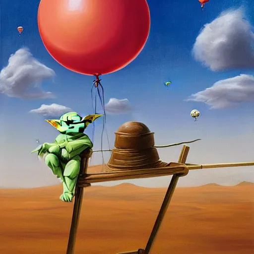 Image similar to eye - level view, shot from 5 0 feet distance, baby yoda plays is on a seesaw fund city playground on tatooine. a bunch of balloons are on sale in the background. depth, dramatic clouds, setting sun. golden hour, oil on canvas painting, detailed, depth, volume, chiaroscuro, quiet intensity, serene.