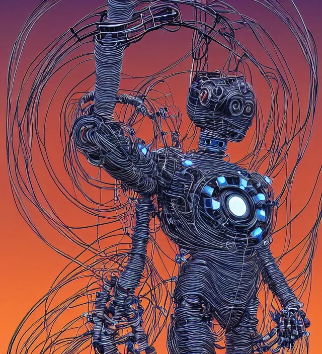 Image similar to a robotic god made of wires, electricity, and cables in the style of jean giraud in the style of moebius trending on artstation deviantart pinterest detailed realistic hd 8 k high resolution