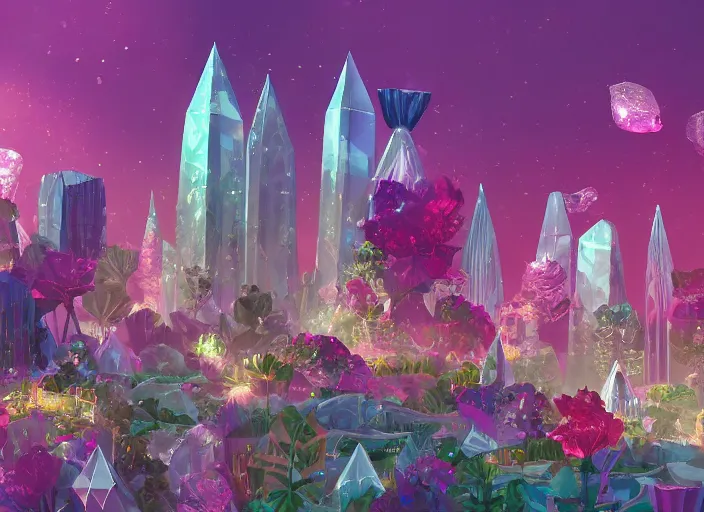 Prompt: shimmering crystal city made of diamond and rose quartz with gold decoration, sparkling in the sunlight, surrounded by lush flowers and green leaves. trending on artstation.