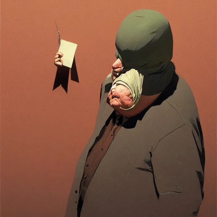 Prompt: old fat man portrait with a paper bag over the head, highly detailed, artstation, art by ian mcque, ilya kuvshinov, zdislav beksinski, wayne barlowe, edward hopper