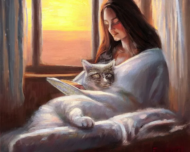 Image similar to a beautiful warm fuzzy painting of a woman curled up with a blanket reading a good book next to her friendly cat who is purring with eyes closed. they are both sitting next to a window as the sun sets in winter, by eric wallis, trending on artstation, concept art, lofi, digital illustration