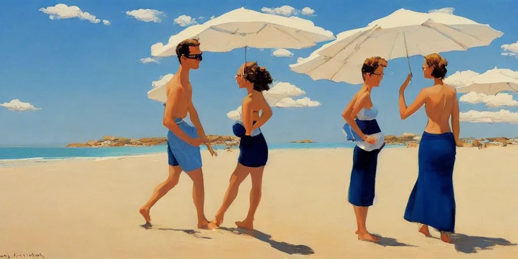 Image similar to a couple and a baby on a beach in sardinia, white sand, blue sky, summer, painting by jack vettriano