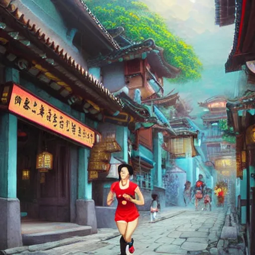 Image similar to a woman running in jiufen taiwan, an oil painting by ross tran and thomas kincade, studio ghibli